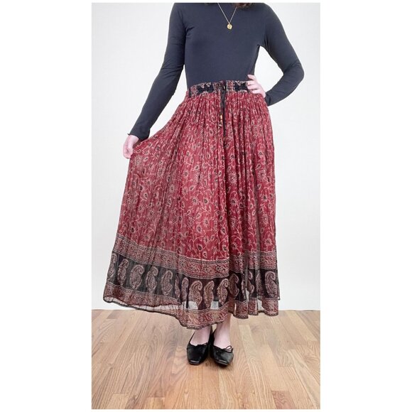 Vintage Boho Maxi Midi Skirt Floral Pleated High Low Rise Hippie Bohemian Flowy - Picture 9 of 9
